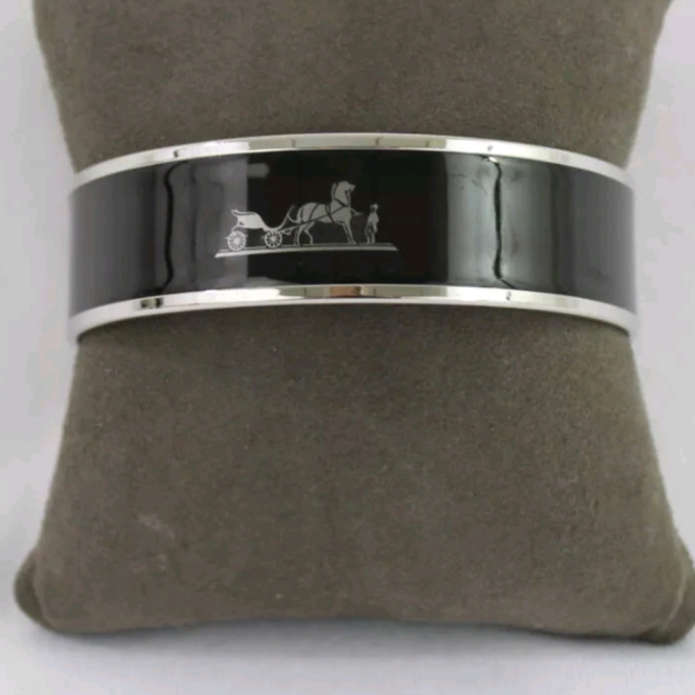 Hermes Black Enamel Palladium Plated Caleche Wide Bangle Size 65 / S / Gorgeous